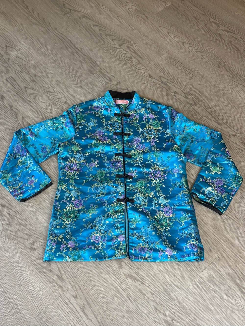 Turquoise Floral Satin Mandarin Collar Jacket